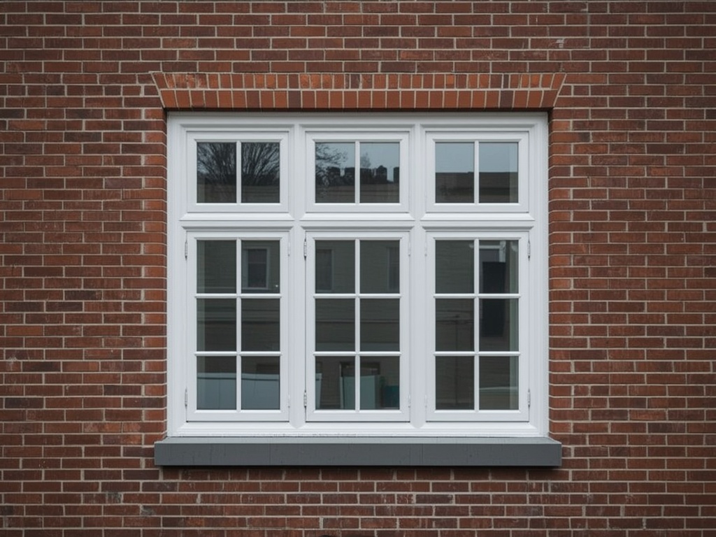 Detailfoto kunststof kozijn met witte profielen op roodbruine bakstenen gevel in Rijen