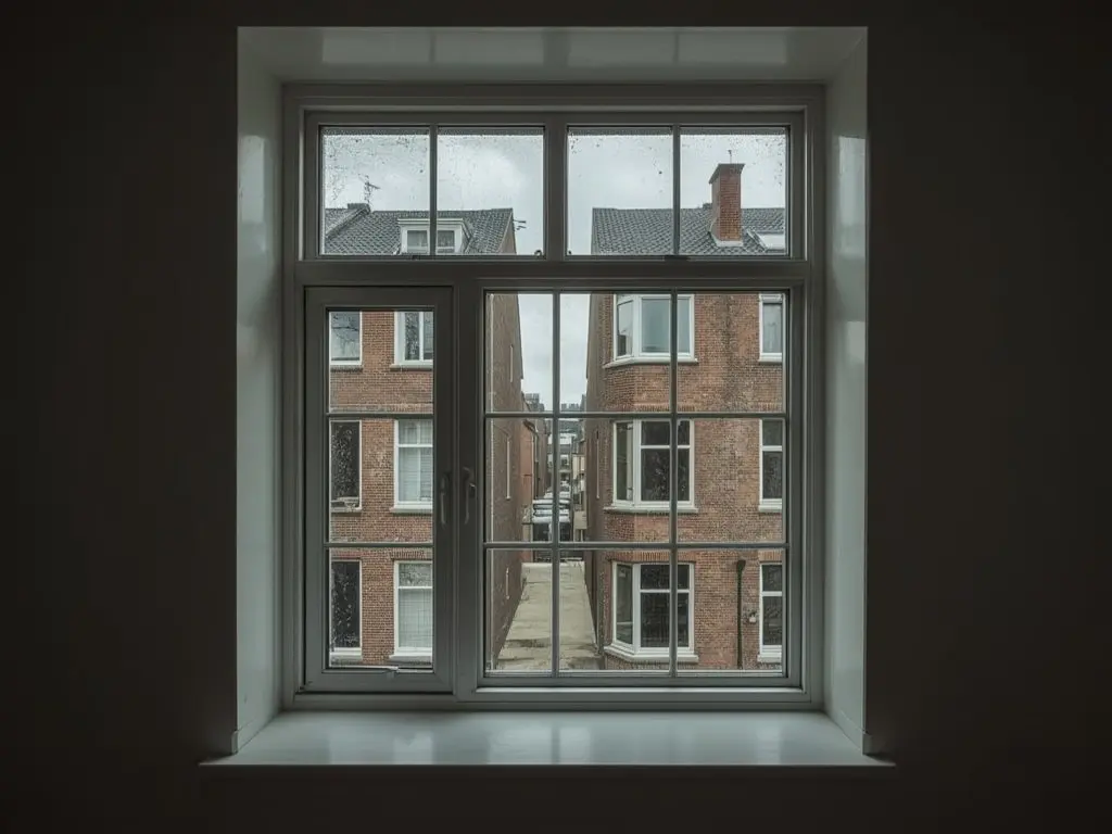 Interieur van een Tilburgse arbeiderswoning met uitzicht door kunststof kozijnen op een woonstraat