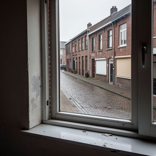 Interieur arbeiderswoning Tilburg met uitzicht door kunststof kozijnen op woonstraat