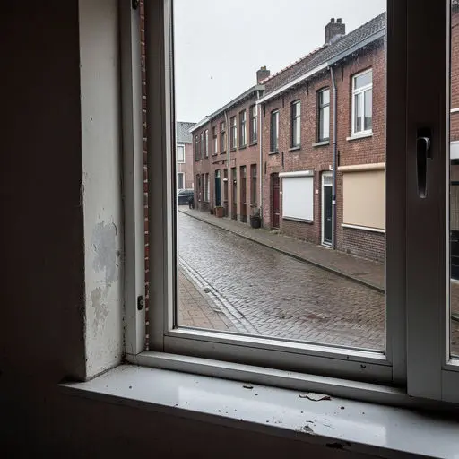 Interieur arbeiderswoning Tilburg met uitzicht door kunststof kozijnen op woonstraat